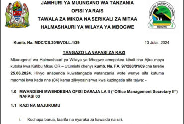 Tangazo La Nafasi Za Kazi Halmashauri Ya Wilaya Ya Mbogwe Mwisho Wa Maombi 26 Julai 2024