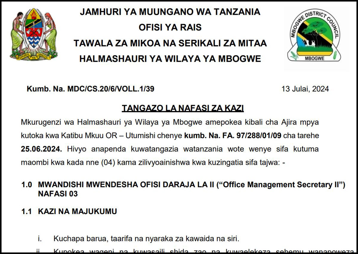 Tangazo La Nafasi Za Kazi Halmashauri Ya Wilaya Ya Mbogwe Mwisho Wa Maombi 26 Julai 2024