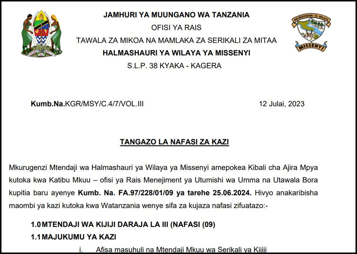 Tangazo la Nafasi za Kazi Halmashauri ya Wilaya ya Missenyi Mwisho wa Maombi Julai 21 2024