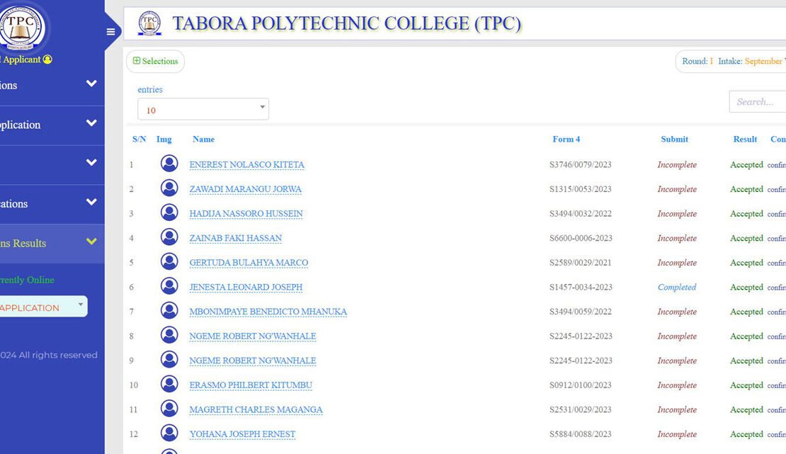 Majina ya Waliochaguliwa Tabora Polytechnic College 2024 2025