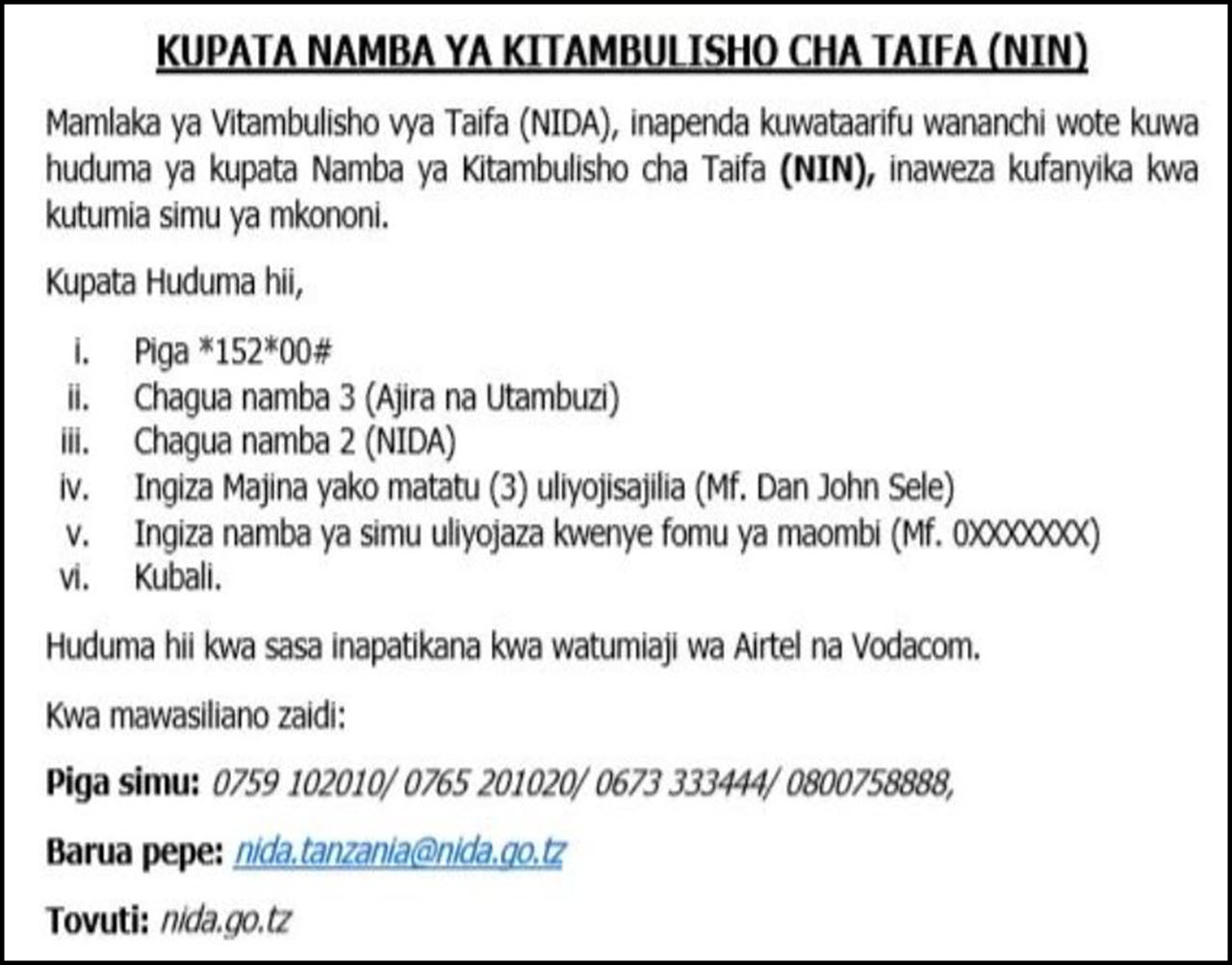 Jinsi ya Kupata Namba ya NIDA kwa Haraka Kwa SMS