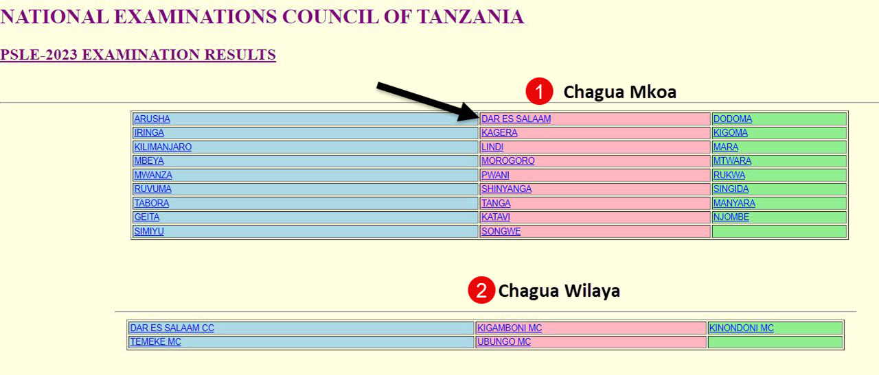 Chagua Mkoa na Wilaya Kuangalia Matokeo ya Darasa la saba