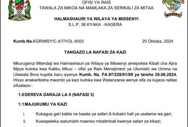 Nafasi 3 za Kazi ya Dereva Halmashauri ya Wilaya ya Missenyi Mwisho 06 November 2024