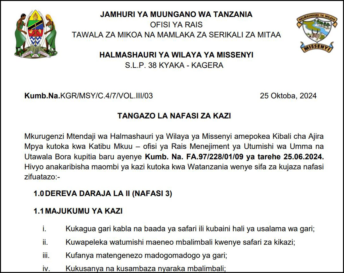 Nafasi 3 za Kazi ya Dereva Halmashauri ya Wilaya ya Missenyi Mwisho 06 November 2024