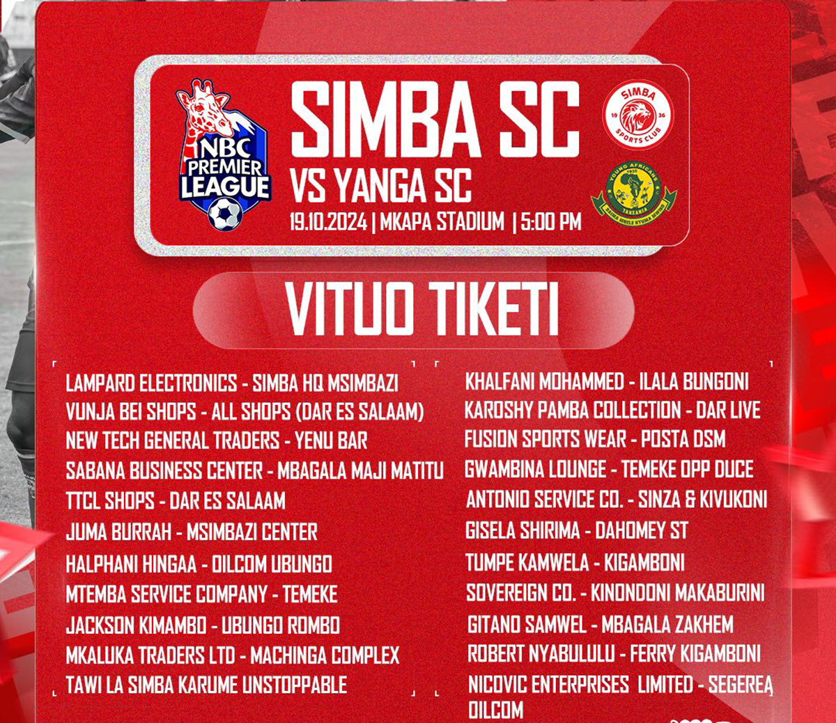 Vituo vya Kukata Tikezi za Simba Sc Vs Yanga 