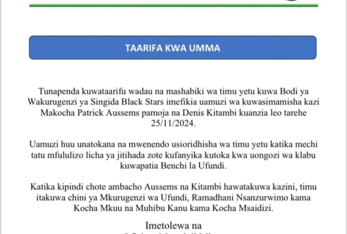 Singida Black Stars Yawatumbua Makocha Aussems na Kitambi