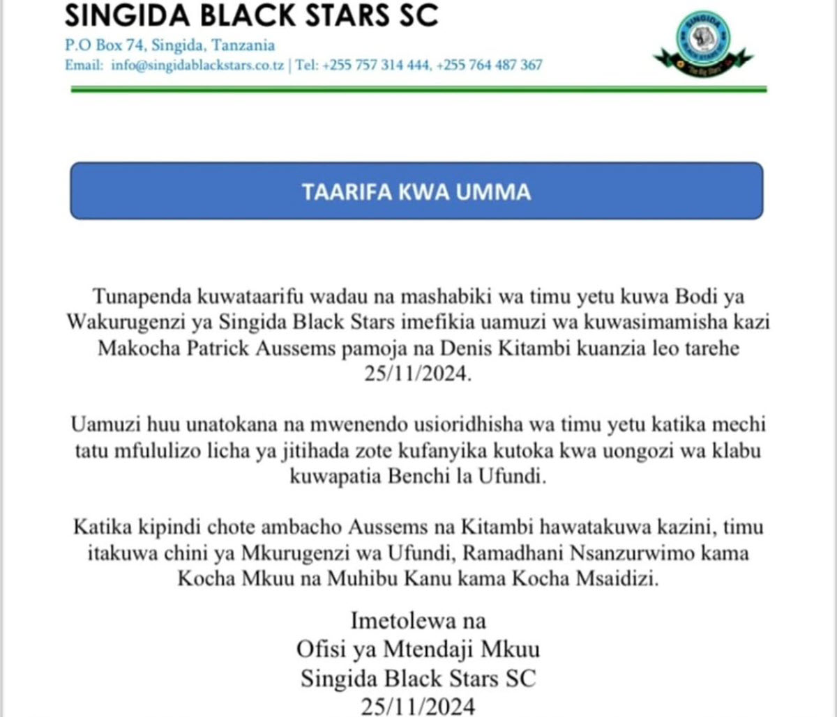 Singida Black Stars Yawatumbua Makocha Aussems na Kitambi