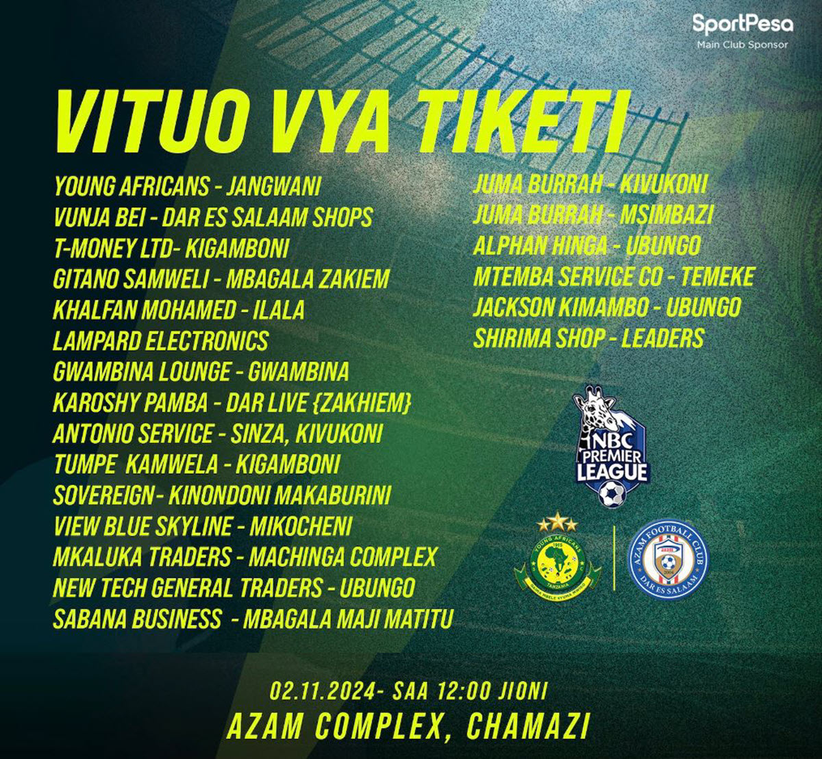 Vituo Vya tiketi za Mechi ya Yanga Vs Azam Fc