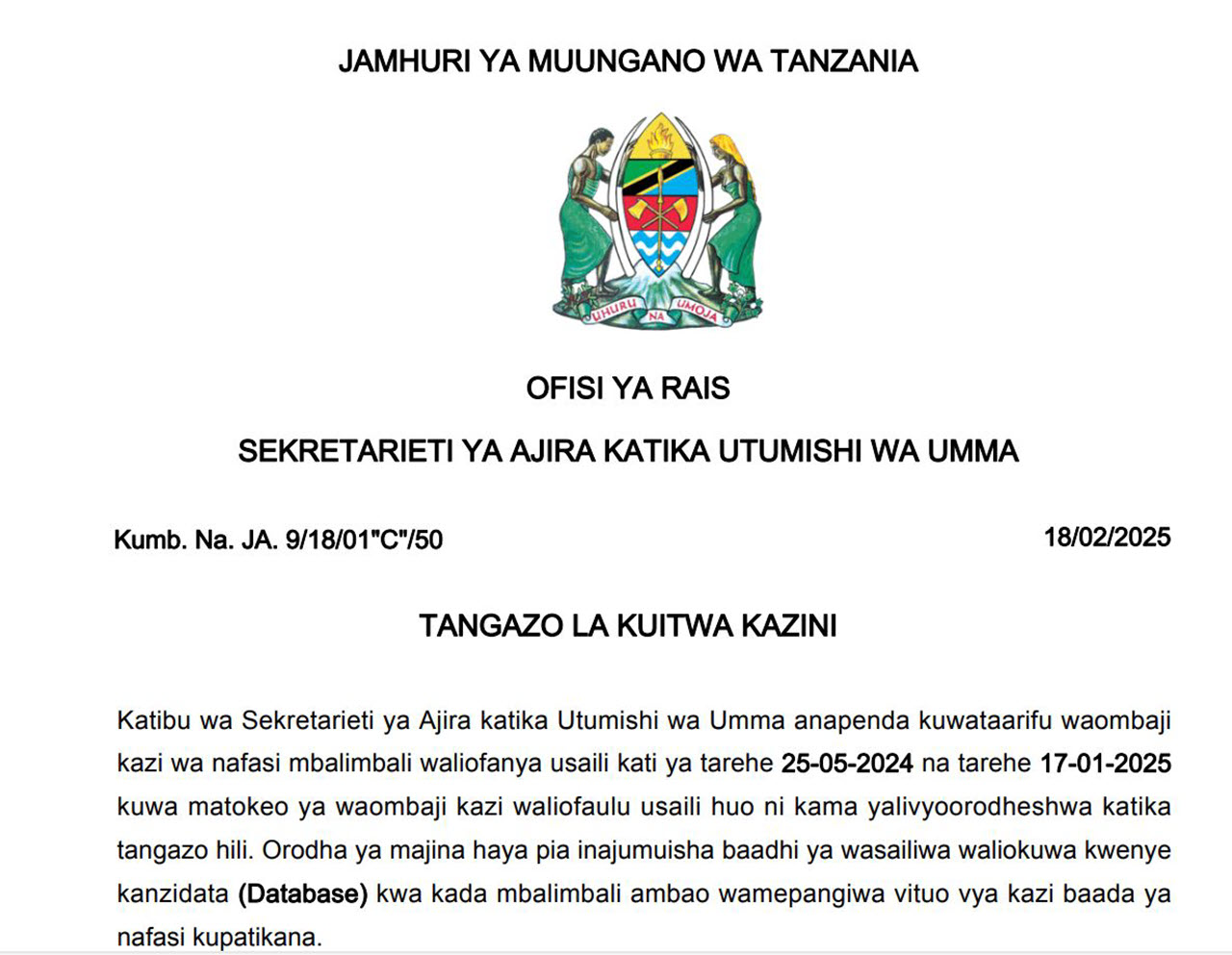 Majina ya Walioitwa Kazini Ajira za Walimu Kada Mbalimbali 2025