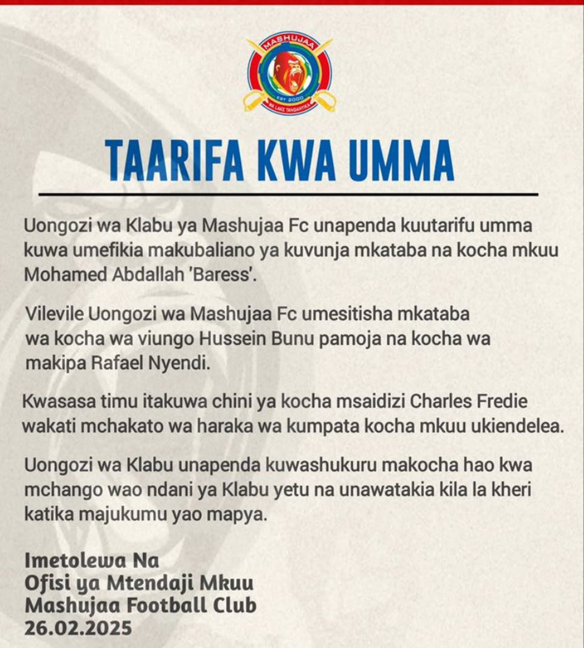 Mashujaa FC Yathibitisha Kumfuta Kazi Baress