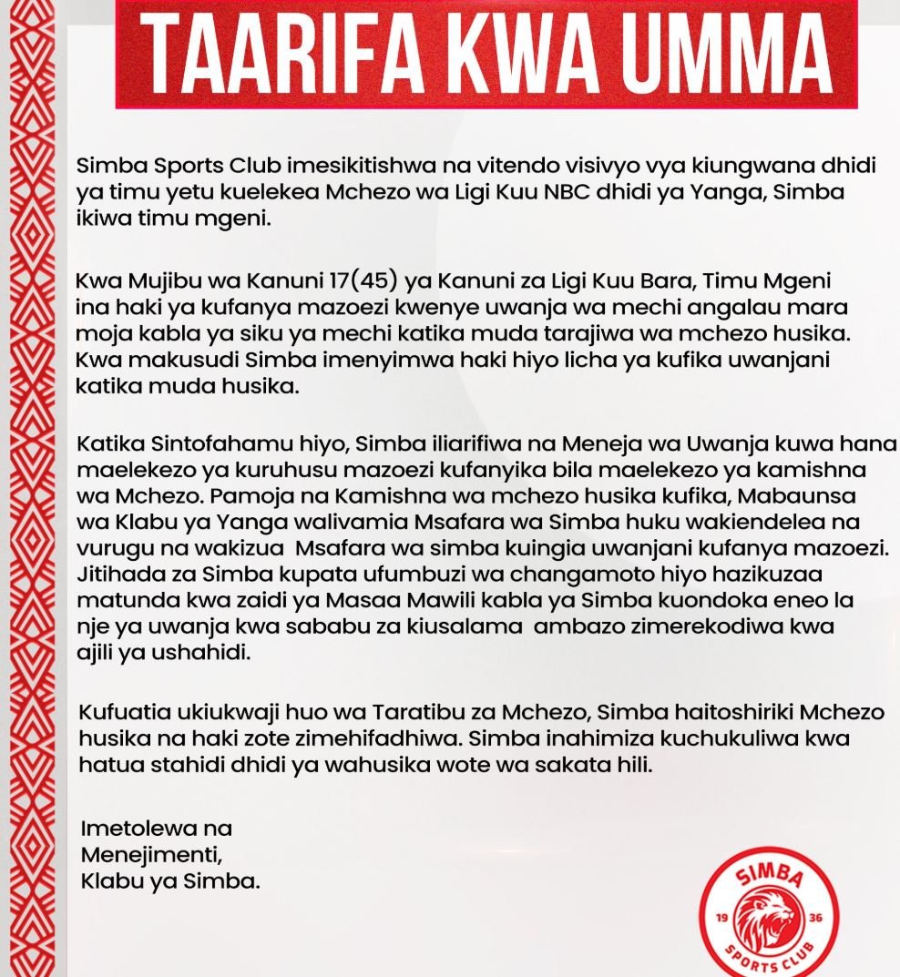 Simba Yatangaza Kususia Mechi Dhidi ya Yanga Leo 08/03/2025: Nini Chanzo?