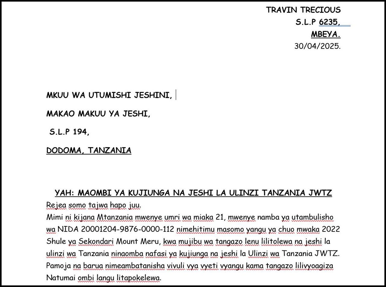 Mfano wa Barua ya Maombi ya Kazi Jeshi la JWTZ