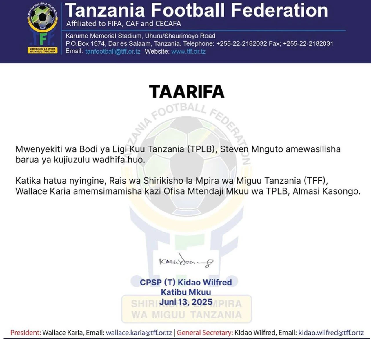 Steven Mguto Ajiuzulu Uenyekiti wa Bodi ya Ligi Kuu Tanzania (TPLB)