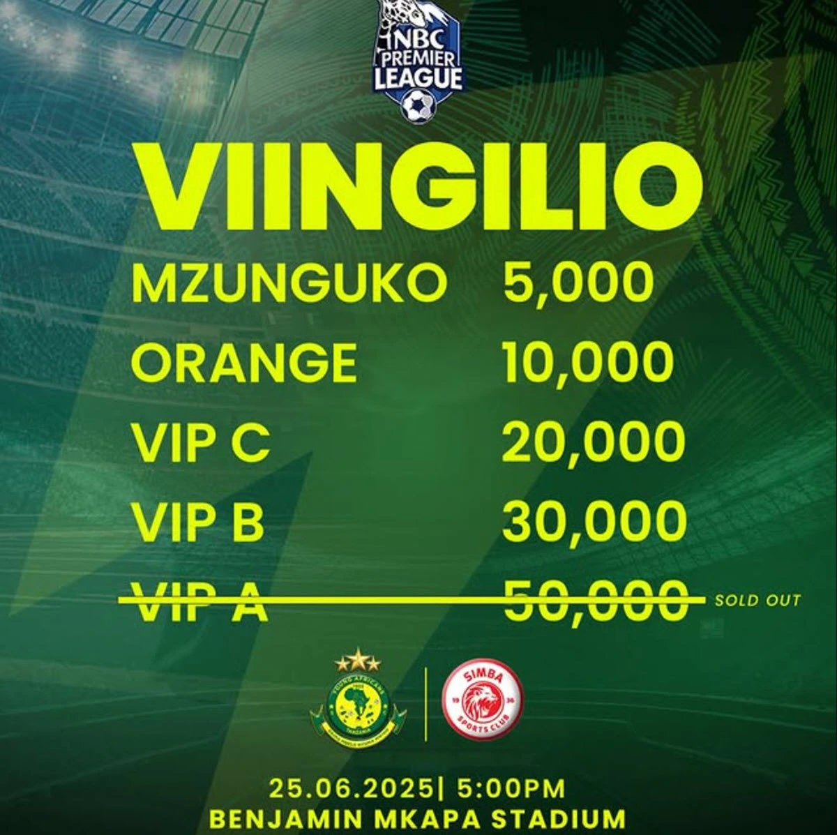 Viingilio Mechi ya Yanga Vs Simba 25/06/2025