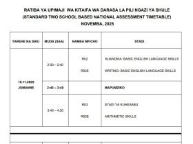 Ratiba ya Mtihani wa Upimaji wa Darasa la Pili 2025