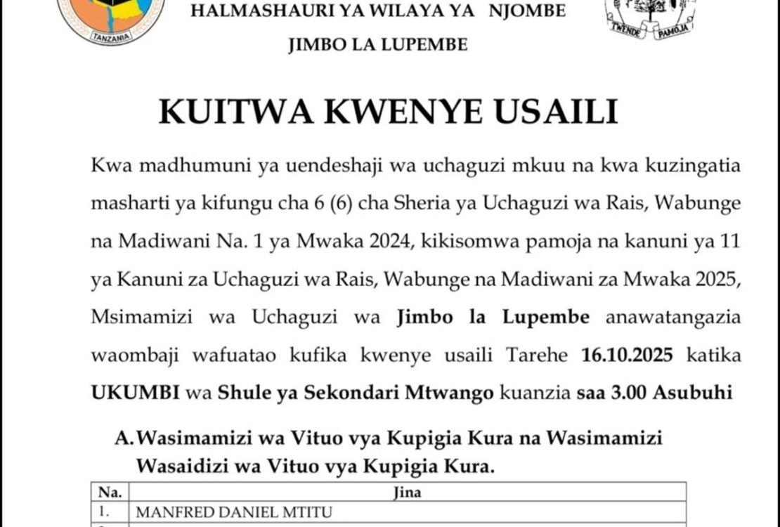Majina Ya Usaili Kusimamia Uchaguzi 2025 Halmashauri Ya Wilaya Ya Njombe Jimbo La Lupembe