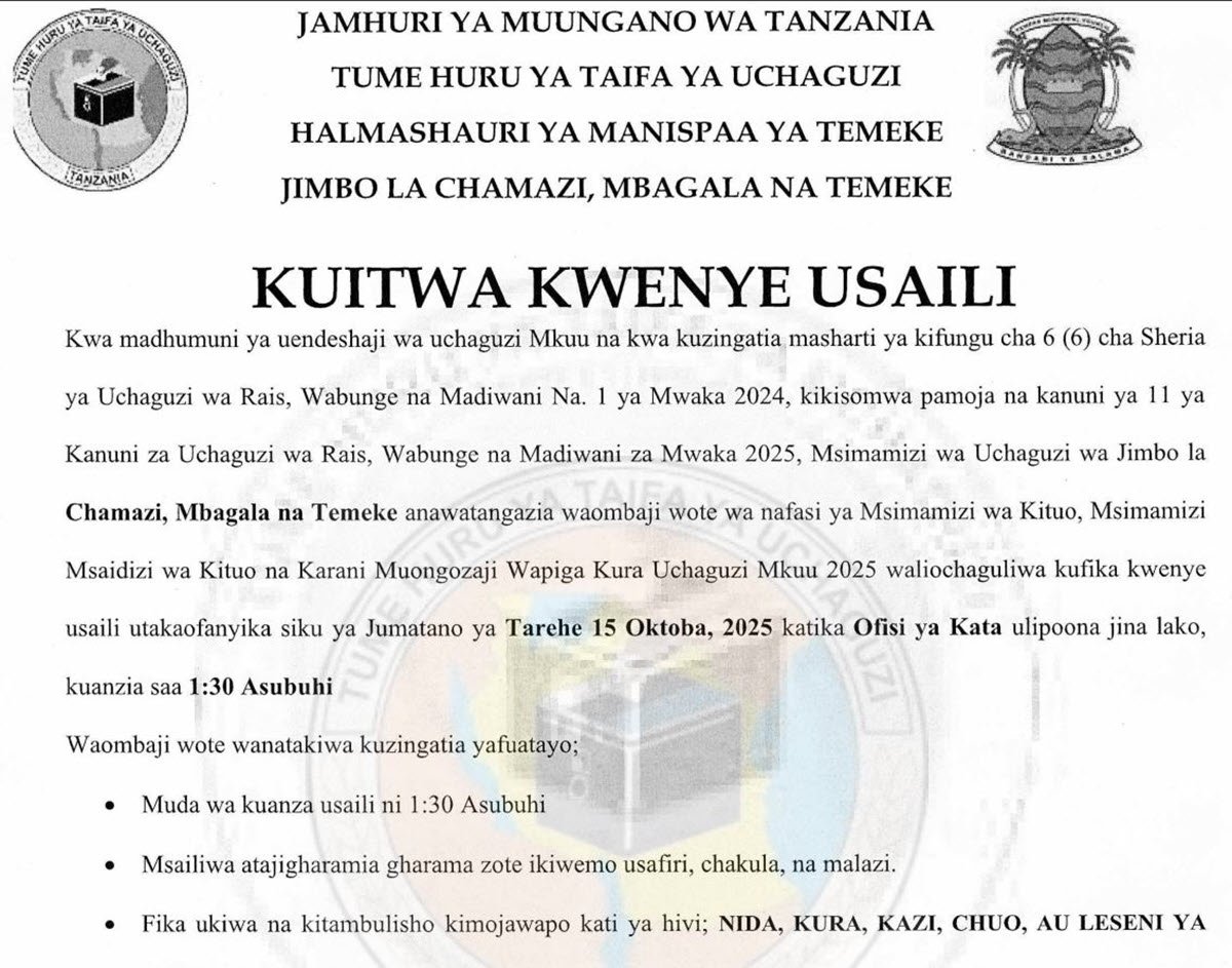 Majina Ya Usaili Kusimamia Uchaguzi 2025 Jimbo La Temeke, Mbagala na Chamazi