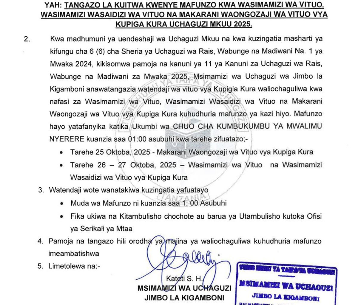 Majina ya Waliochaguliwa Kusimamia Uchaguzi 2025 Kigamboni