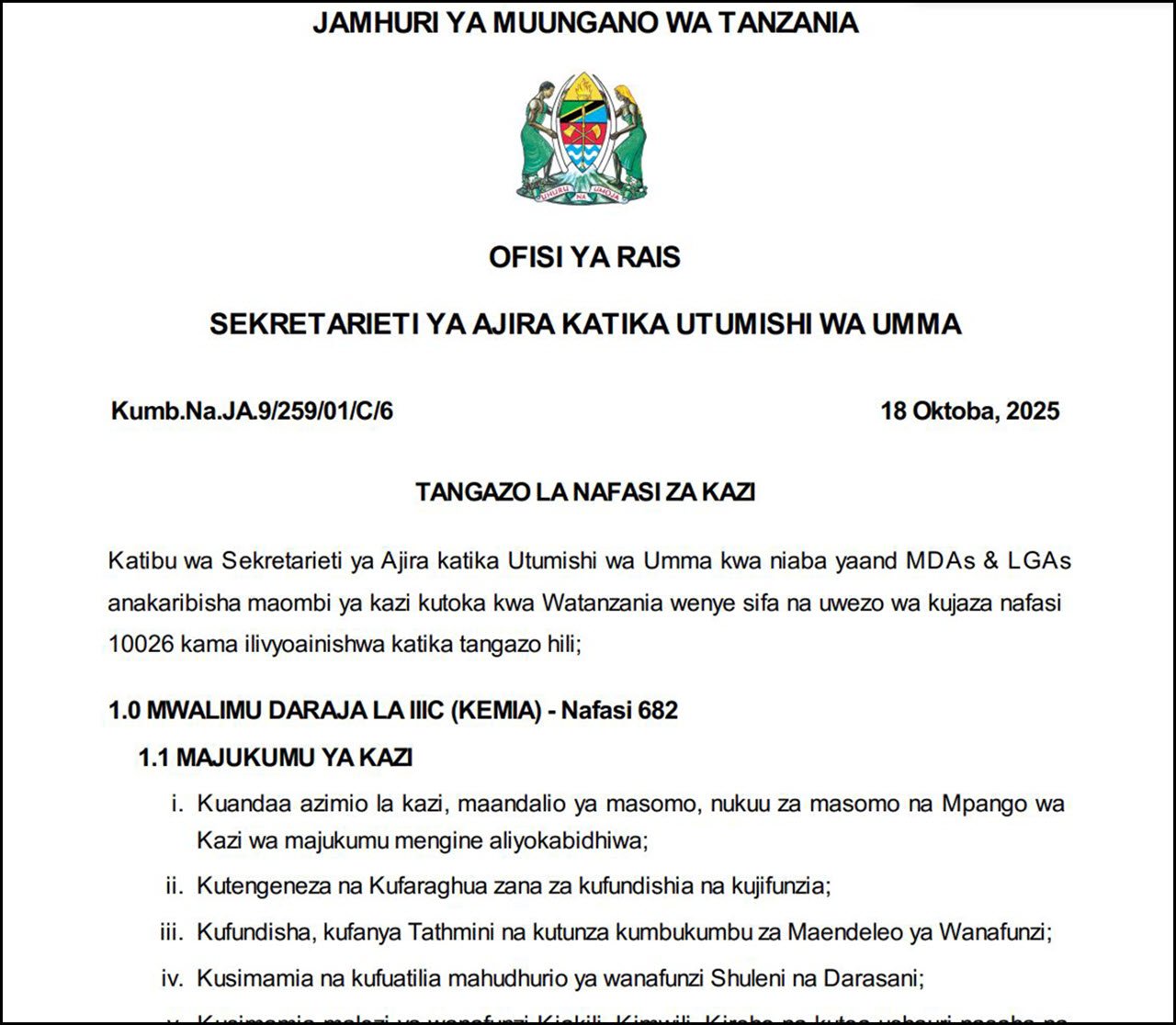 Nafasi Mpya 10026 za Kazi Walimu MDAs & LGAs 2025