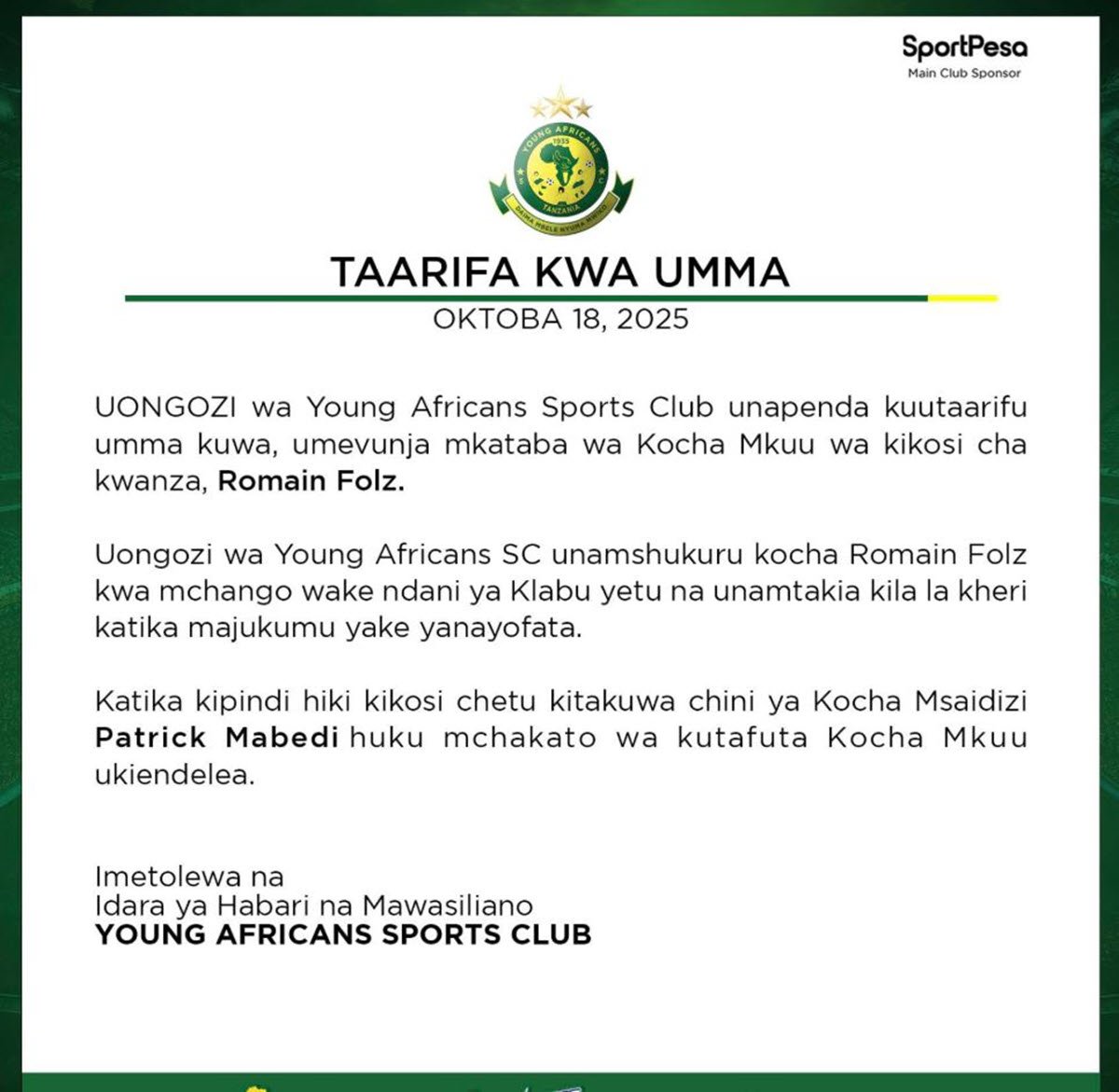 Yanga SC Yatangaza Kuachana na Kocha Wake Romain Folz