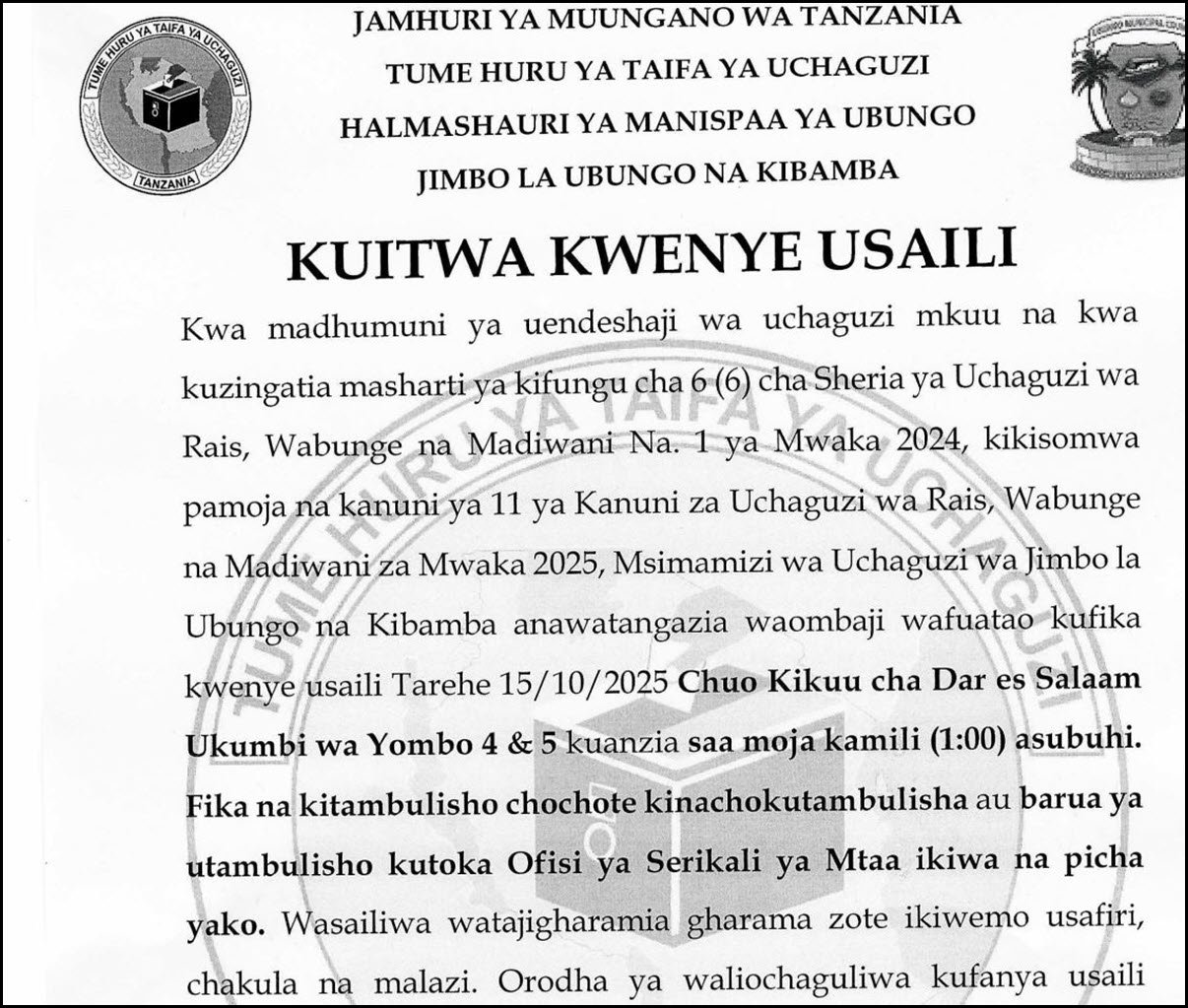 Majina Ya Usaili Kusimamia Uchaguzi 2025 Jimbo La Ubungo Na Kibamba