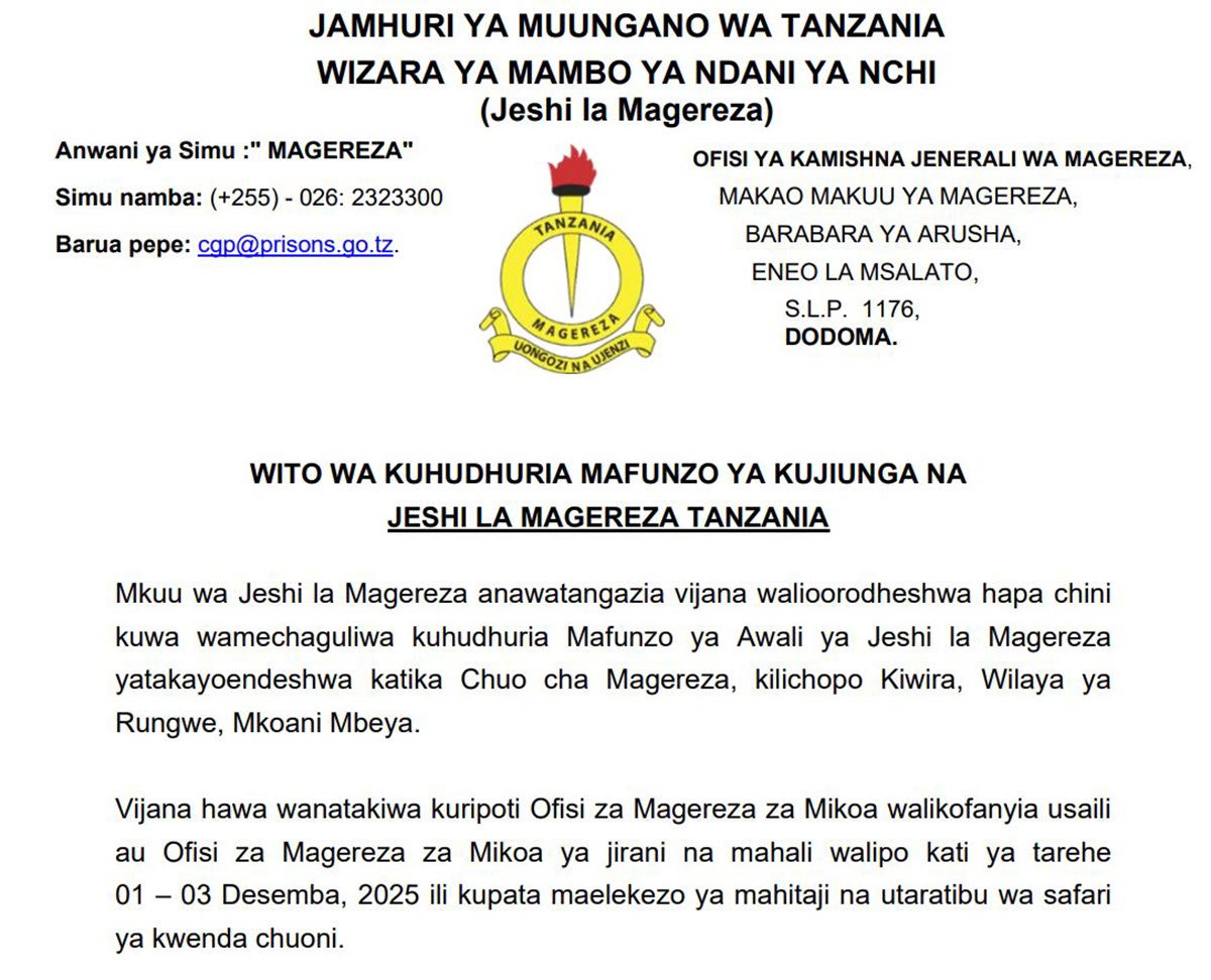Majina ya Waliochaguliwa Kujiunga na Mafunzo Jeshi la Magereza Desemba 2025