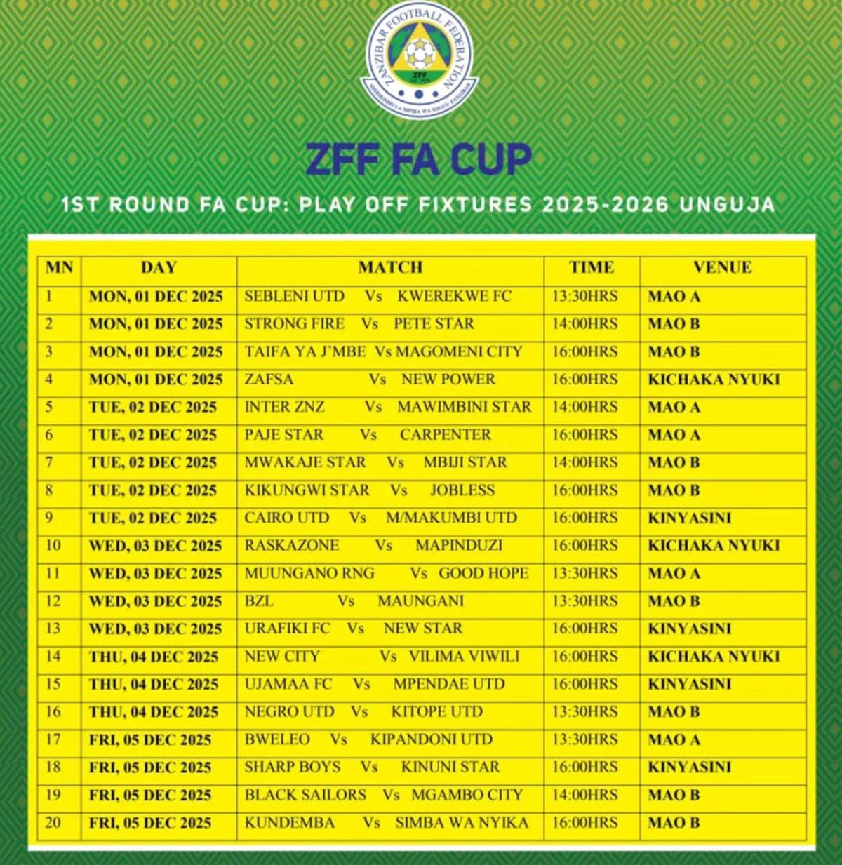 Ratiba ya kombe la FA Zanzibar 2025/2026
