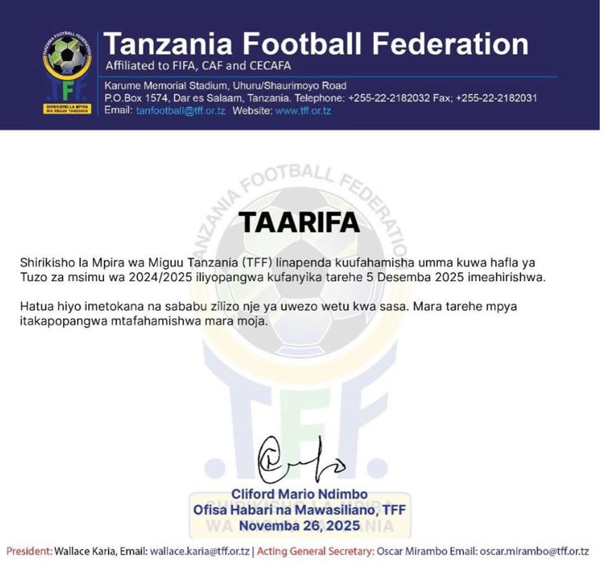 TFF Yatangaza Kuahirishwa kwa Tuzo za Msimu 2024/2025