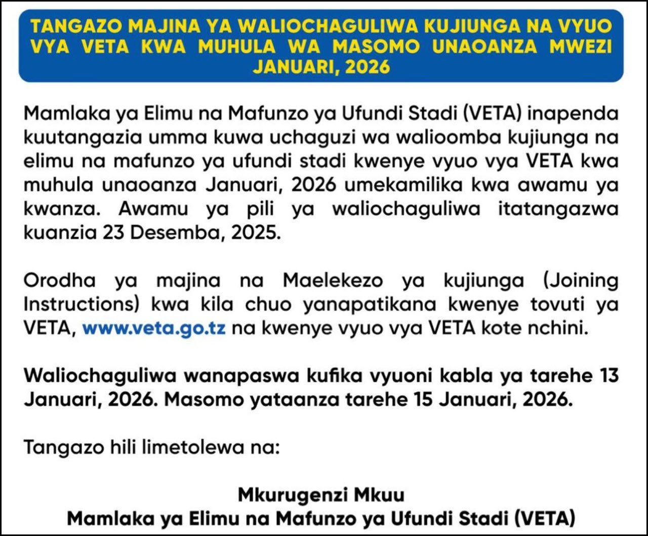Majina ya Waliochaguliwa Kujiunga na Vyuo vya VETA 2026