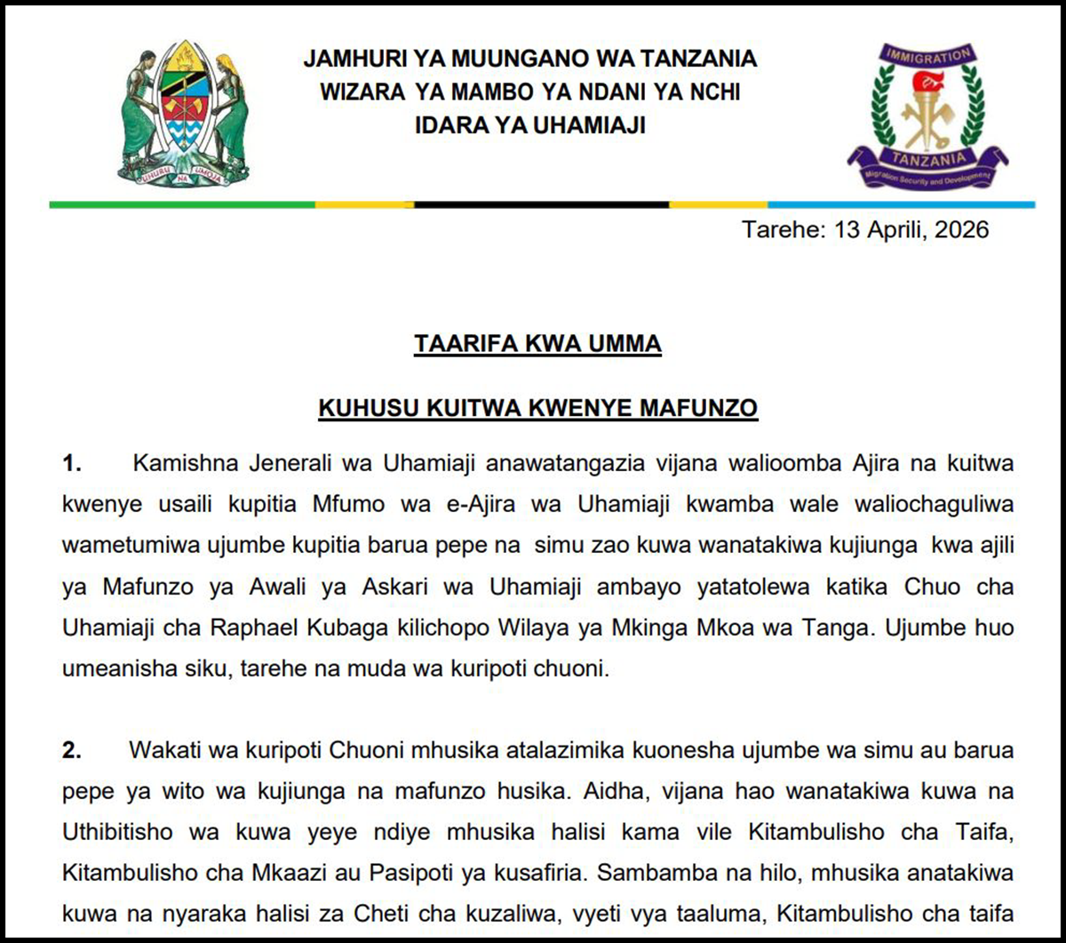 Majina ya Walioitwa Kwenye Mafunzo Uhamiaji April 2026