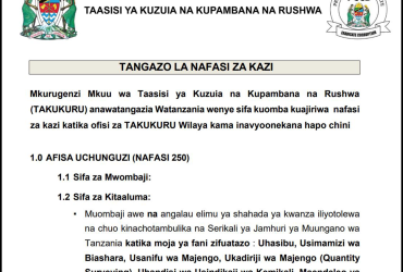 Nafasi Za Kazi Takukuru PCCB April 2026