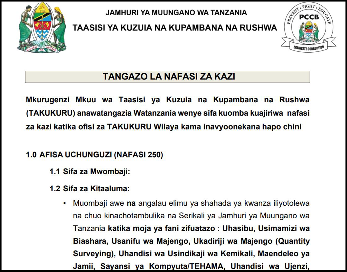 Nafasi Za Kazi Takukuru PCCB April 2026