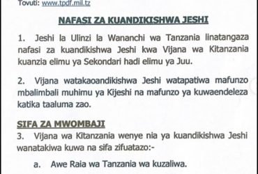 Nafasi za Kazi Jeshi la Wananchi JWTZ April 2026 1