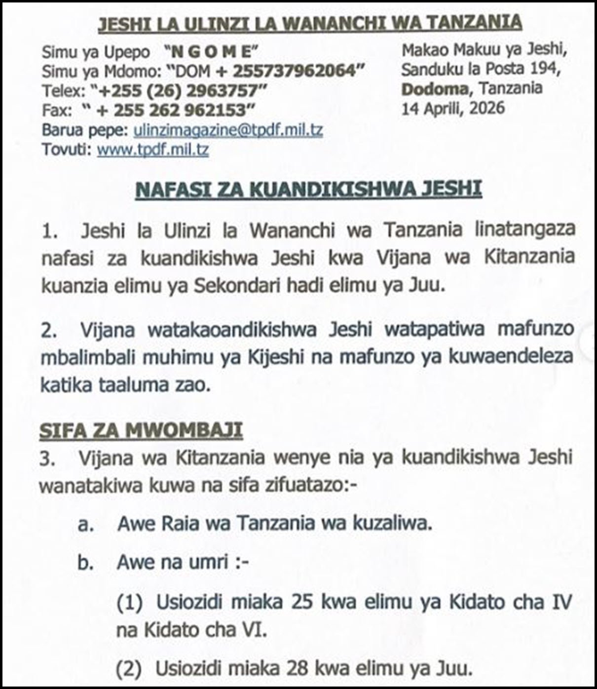 Mwisho wa Kutuma Maombi ya Kazi JWTZ 2026