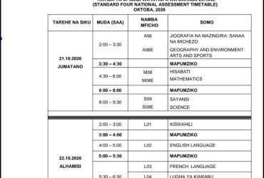 Ratiba ya Mtihani Wa Darasa La Nne 2026