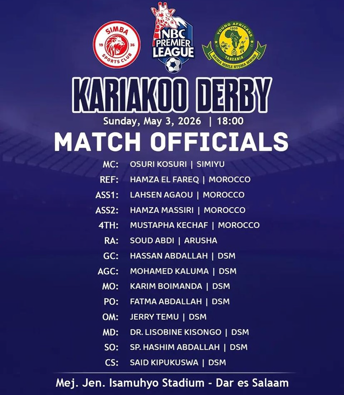 Orodha ya Marefa Watakaochezesha Simba vs Yanga Leo 03/05/2026