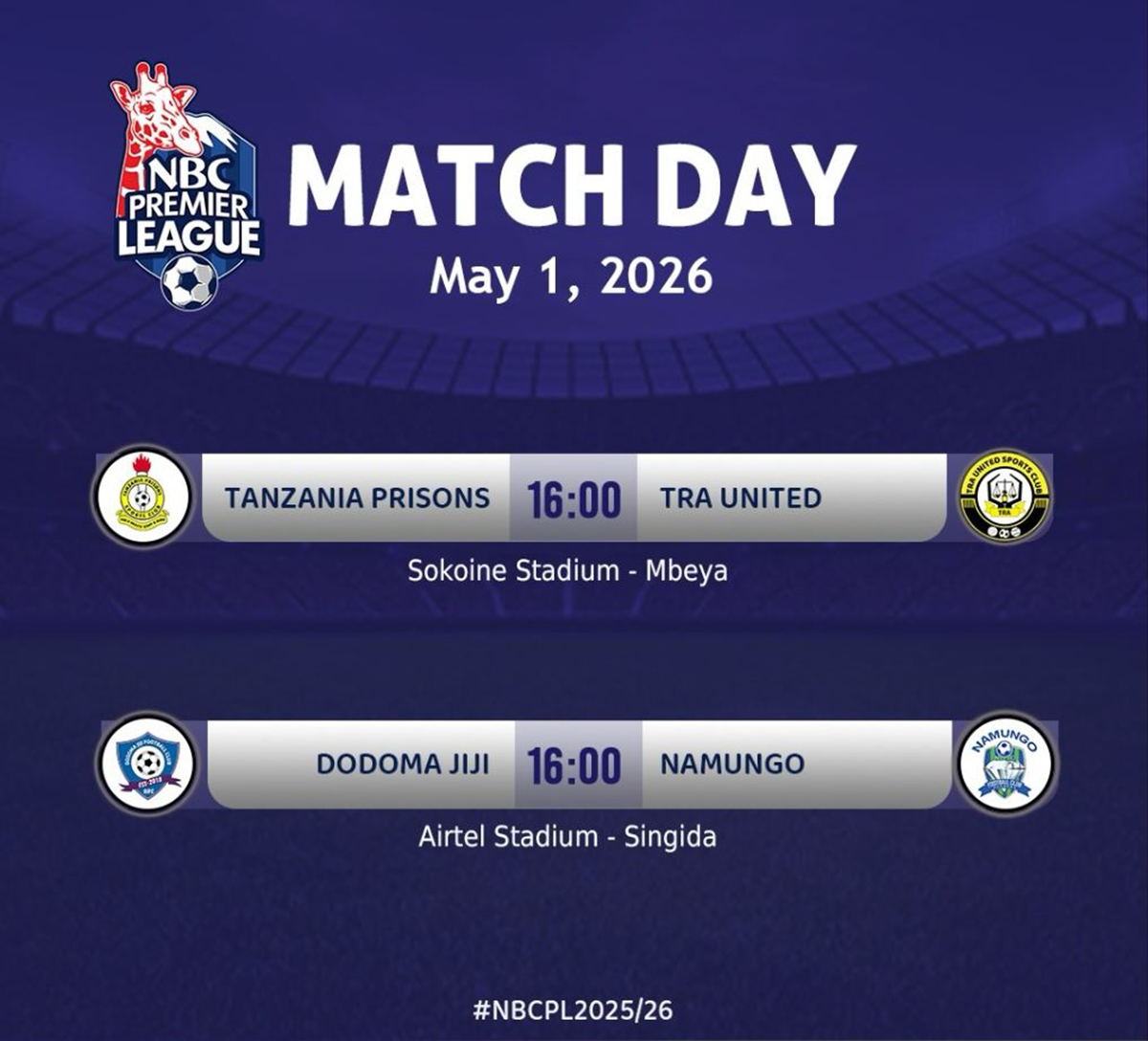 Ratiba ya Ligi Kuu Ya NBC Leo 01/05/2026