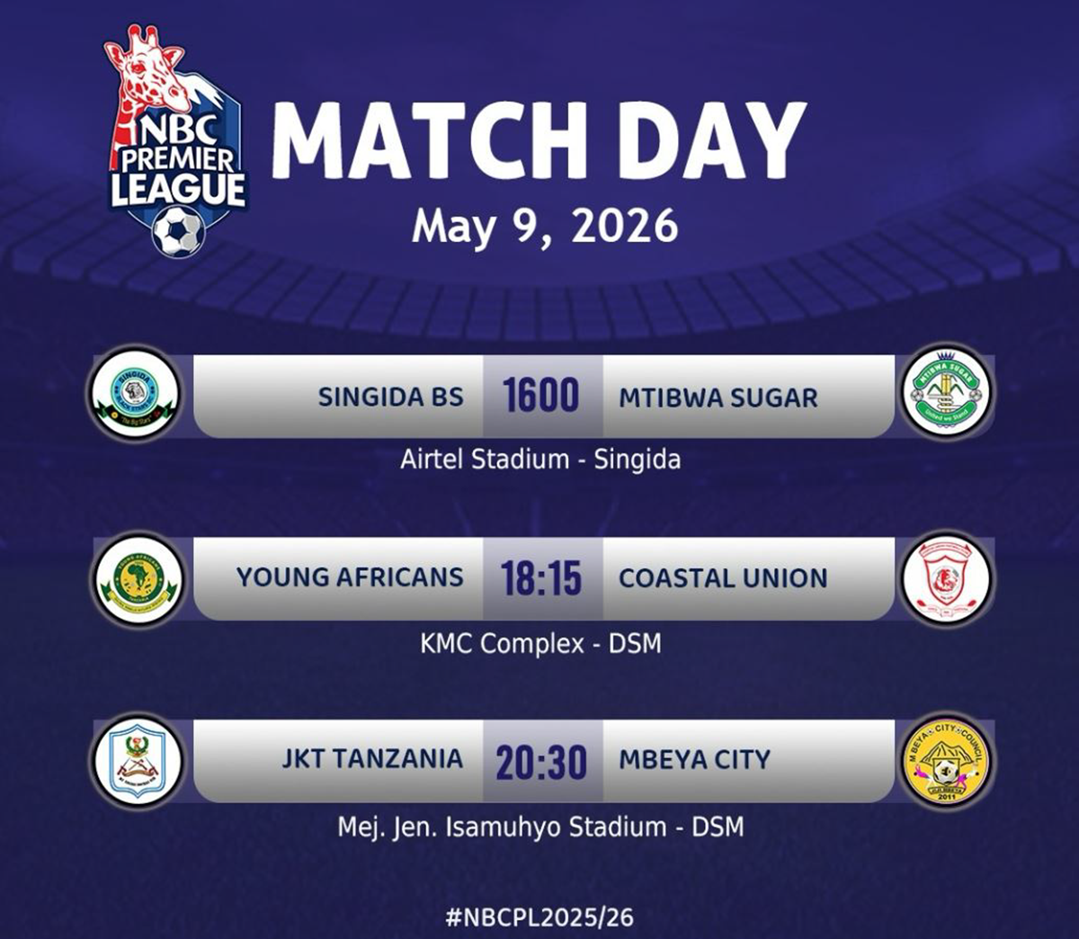 Ratiba ya Ligi Kuu Ya NBC Leo 09/05/2026