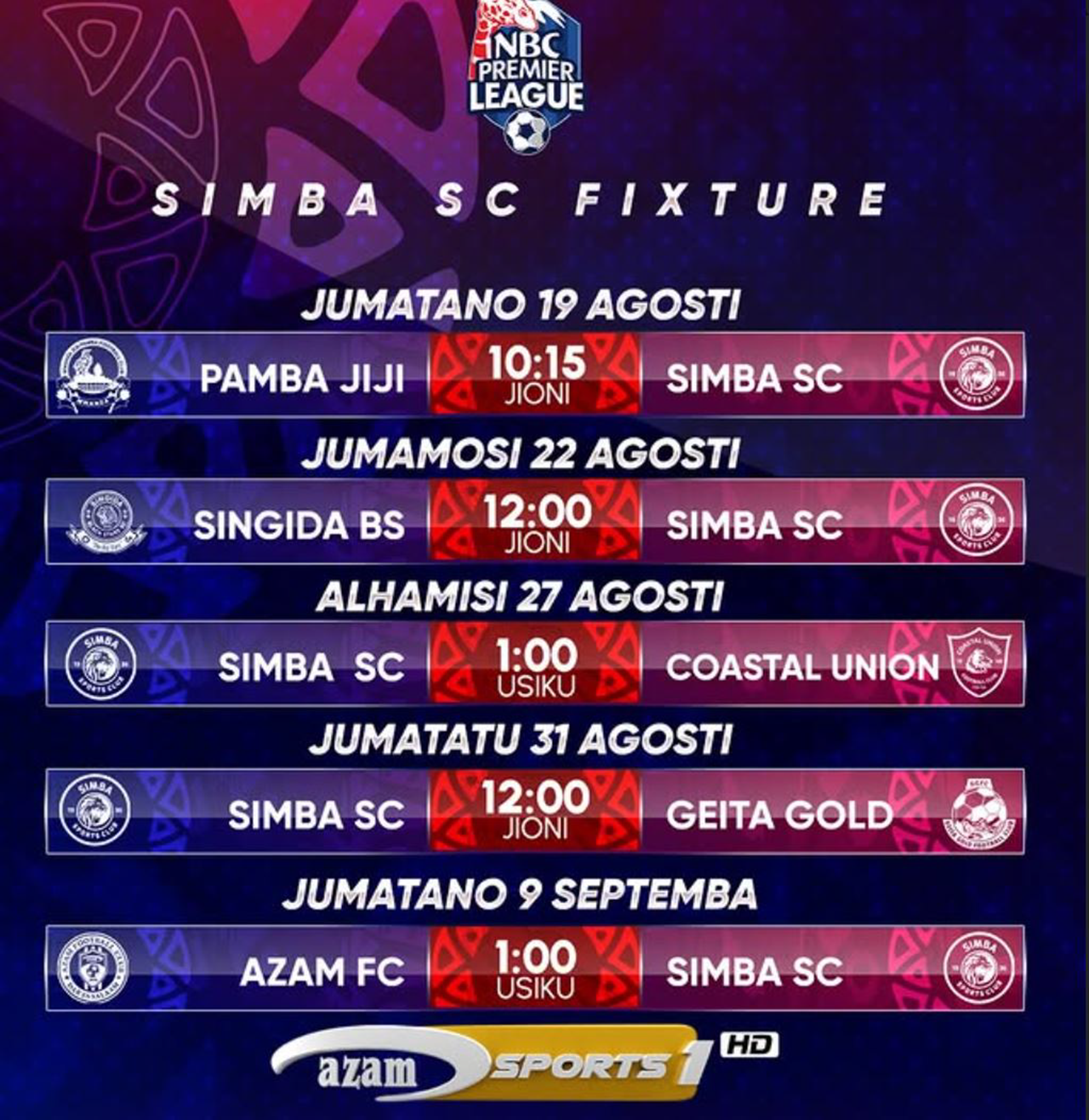 Ratiba ya Mechi za Simba Ligi Kuu Ya NBC 2026/2026 August